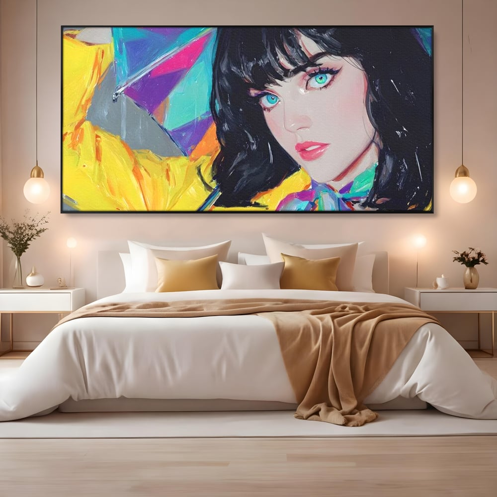 Tablou canvas cu pictura cu femeie bruneta si umbrela colorata, in rama de aluminiu negru, pe perete intr-un dormitor